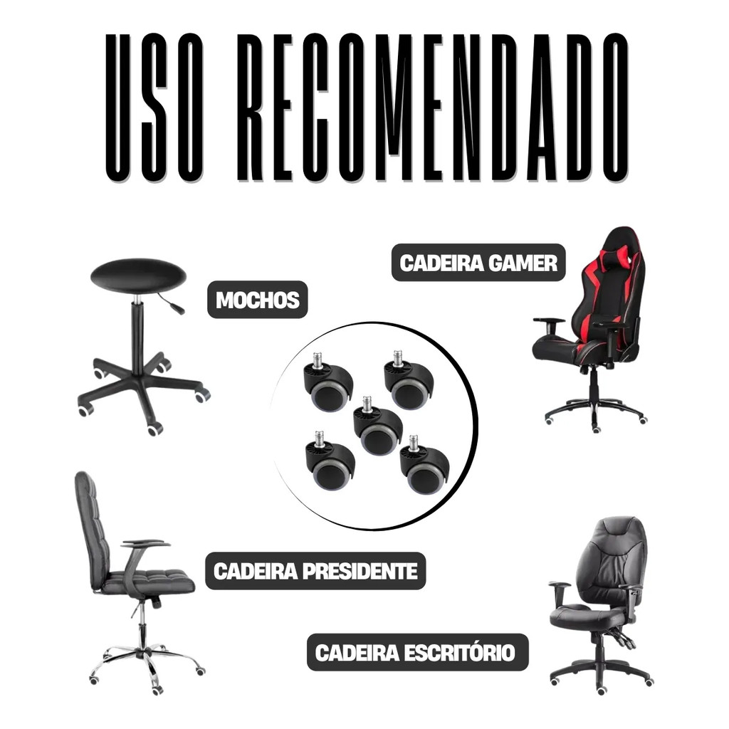 Kit 10 Rodinhas Kit 10 Rodízios Cadeira Escritório Roda Em PU Anti-risco Suporta até 40Kgs