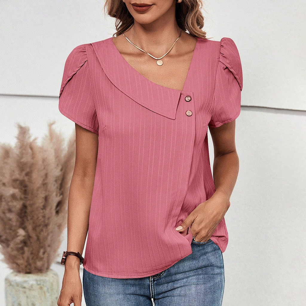 Detalhes do Lovito Camisa Assimétrica de Primavera/Verão Rosa com Botões Jacquard para Mulheres LBL27150