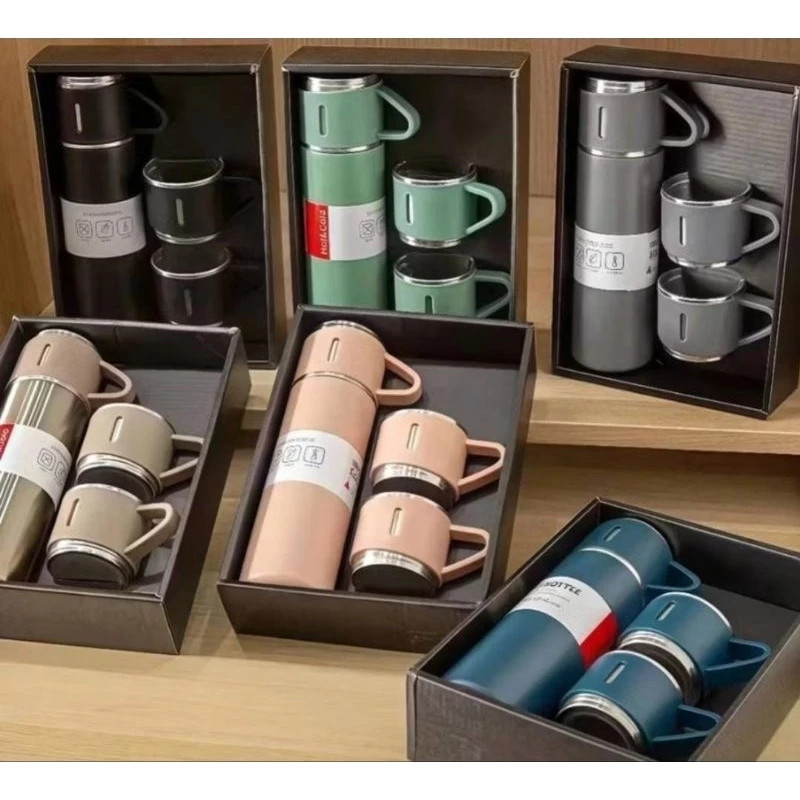 Caneca Kit Garrafa Térmica Vacuum Bottle Inox 500ml + 3 Xícaras Bebidas Quente ou Fria