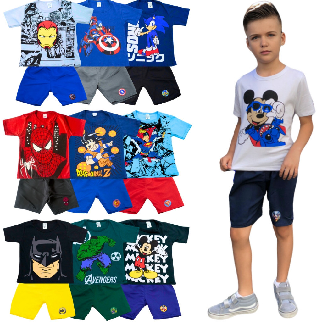 Kit Sortido 8 Peças De Roupa Infantil Menino 4 Camisetas e 4 Bermudas