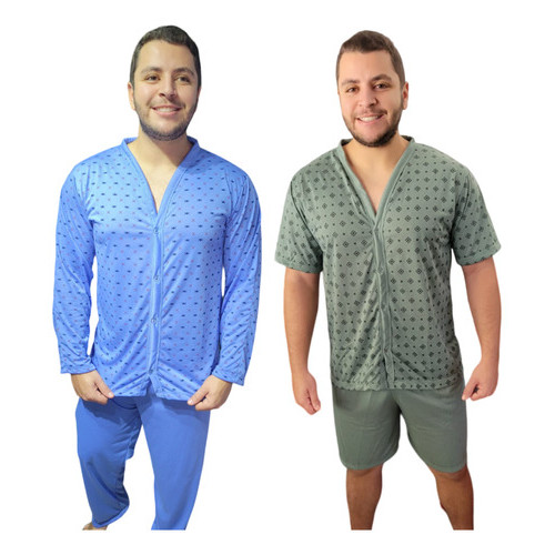 Kit Com 2 Pijamas Botões Abertos pós Cirurgico Masculino Conjunto Fechado De Dormir Homem Frio pai