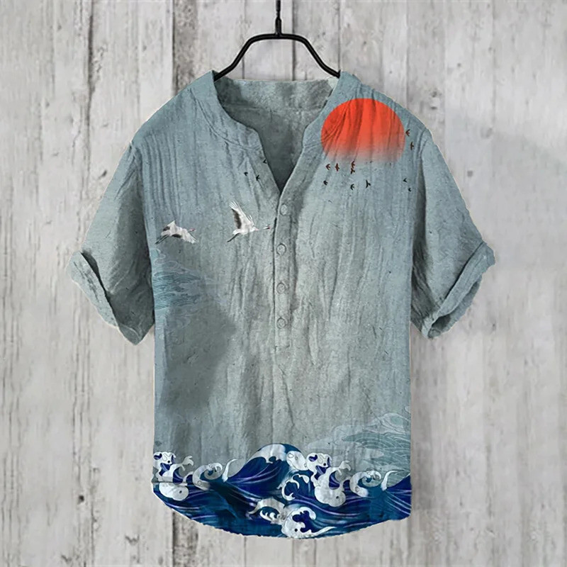 2025 Masculino Linho Tendência Moda Casual Solto Camiseta Padrão De Tinta Com Decote Em V Manga Curta Camisa Tamanho Gra