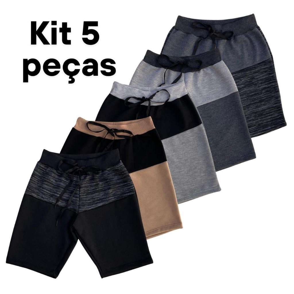 Kit 5 Bermudas Bicolor Shorts Infantil Masculina Moletom Moletinho Menino criança 02 a 12 anos