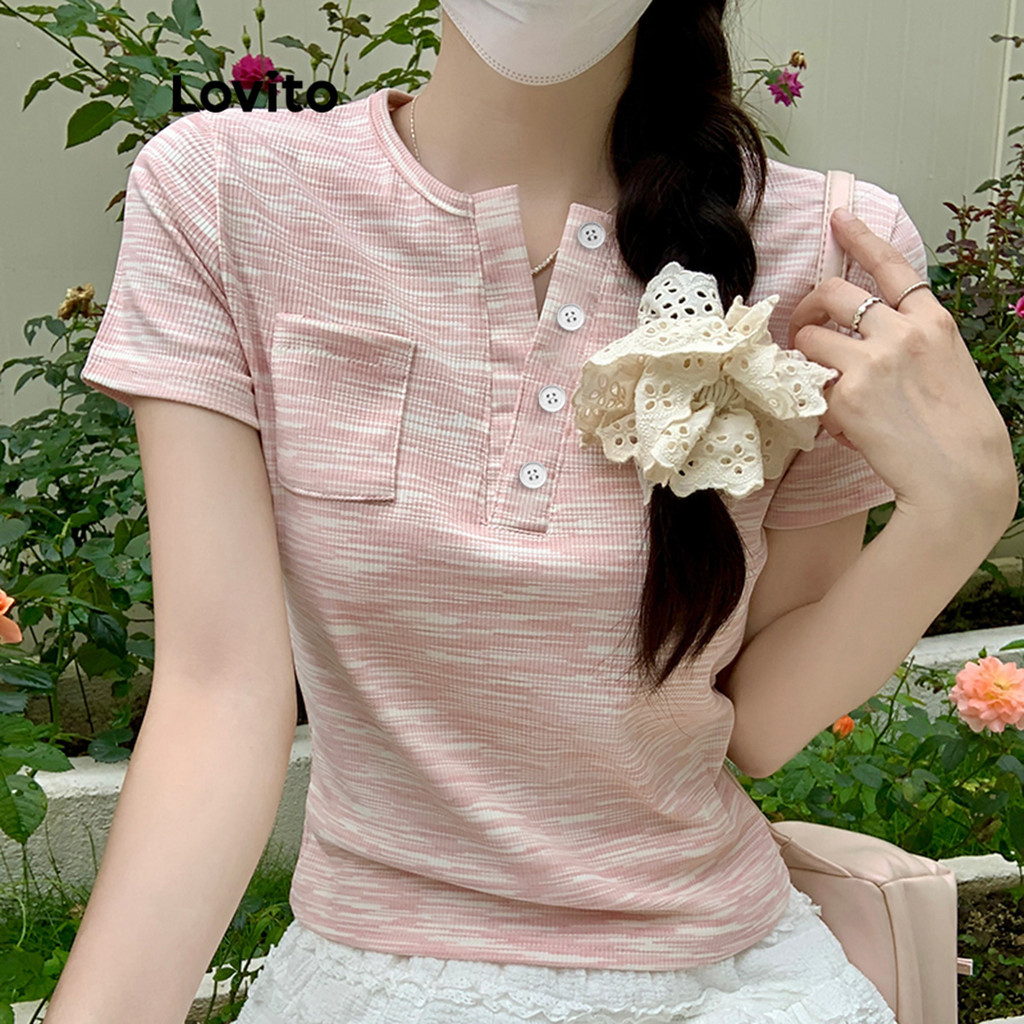 Lovito Camiseta casual lisa com bolso de botão para mulheres LMD81053 em Oferta na Shopee