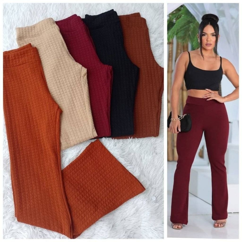Calça Feminina Flare Tecido Bubble Estilosa Bolinha em Oferta na Shopee