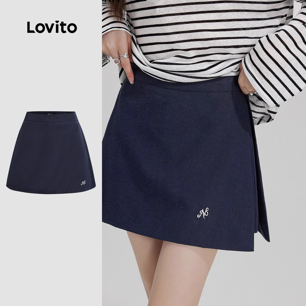 (Casual) Lovito Shorts Bordados Frontal Dividida Primavera/verão Shorts azul mar