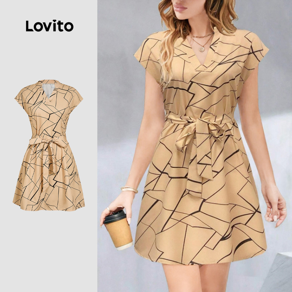 (New) Lovito Vestido Casual Geométrico com Laços Primavera/verão Caqui para Mulheres L143ED121