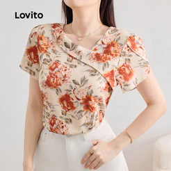(Elegante) Lovito Blusa Assimétrica com Flores Blusa de Primavera/verão para Mulheres L143ED131