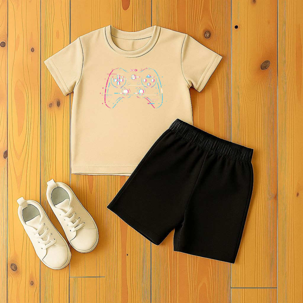 Kit Bermuda Moletinho e Camiseta Algodão para Crianças Estampado Controle Colorido