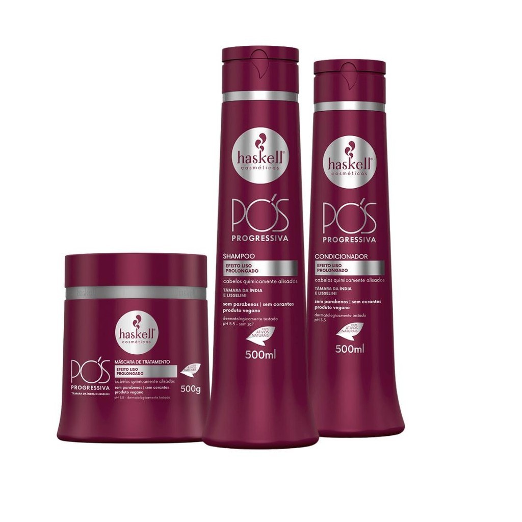 Kit Shampoo Condicionador e Máscara Alinhador Pós Progressiva Haskell 500ml