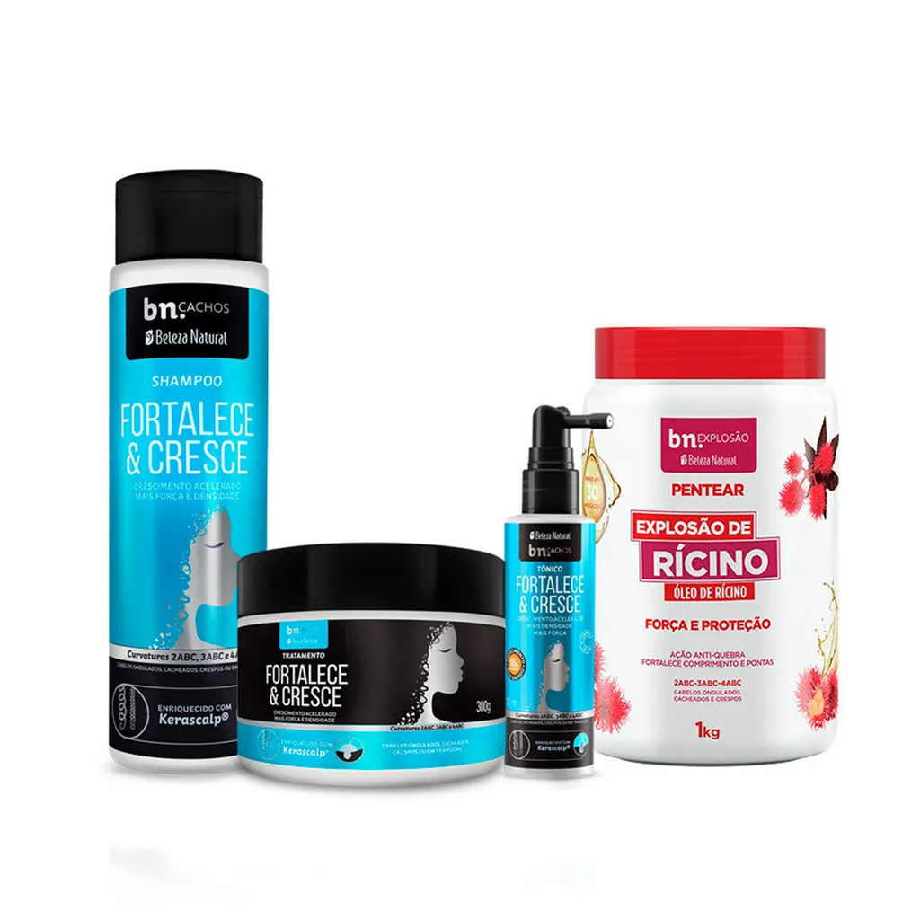 Kit Beleza Natural Fortalece e Cresce + Creme de Pentear Explosão de Rícino 1Kg bn.Cachos em Oferta na Shopee