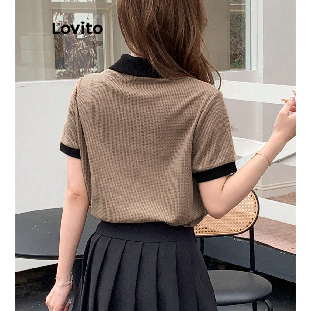 (Trendy) Lovito Casual Camiseta Feminina Polo com Coração Colorblock de Tricô L71ED030 (Cáqui Claro/Azul) em Oferta na Shopee