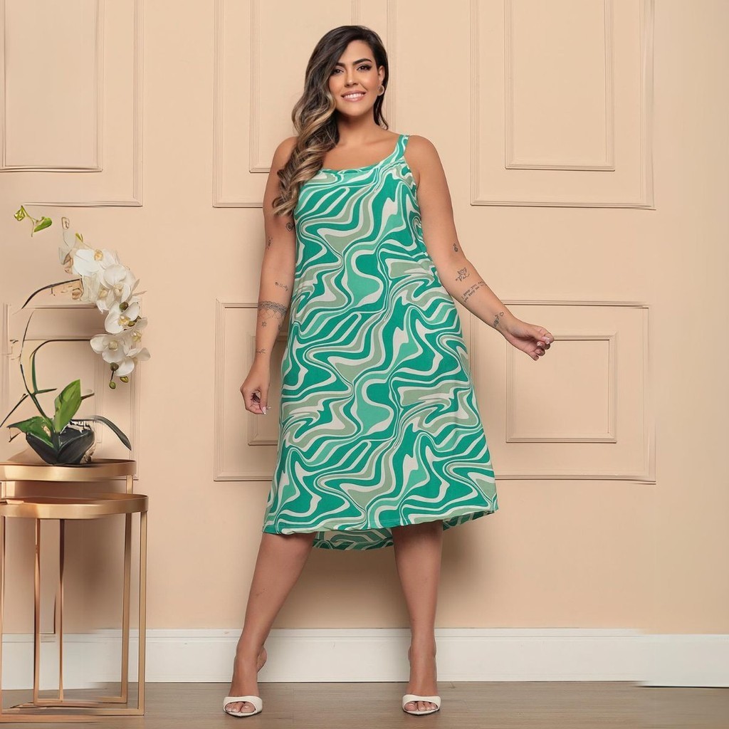 Vestido Estampado Plus Size De Alcinha Liganete Premium Estampa Sortida