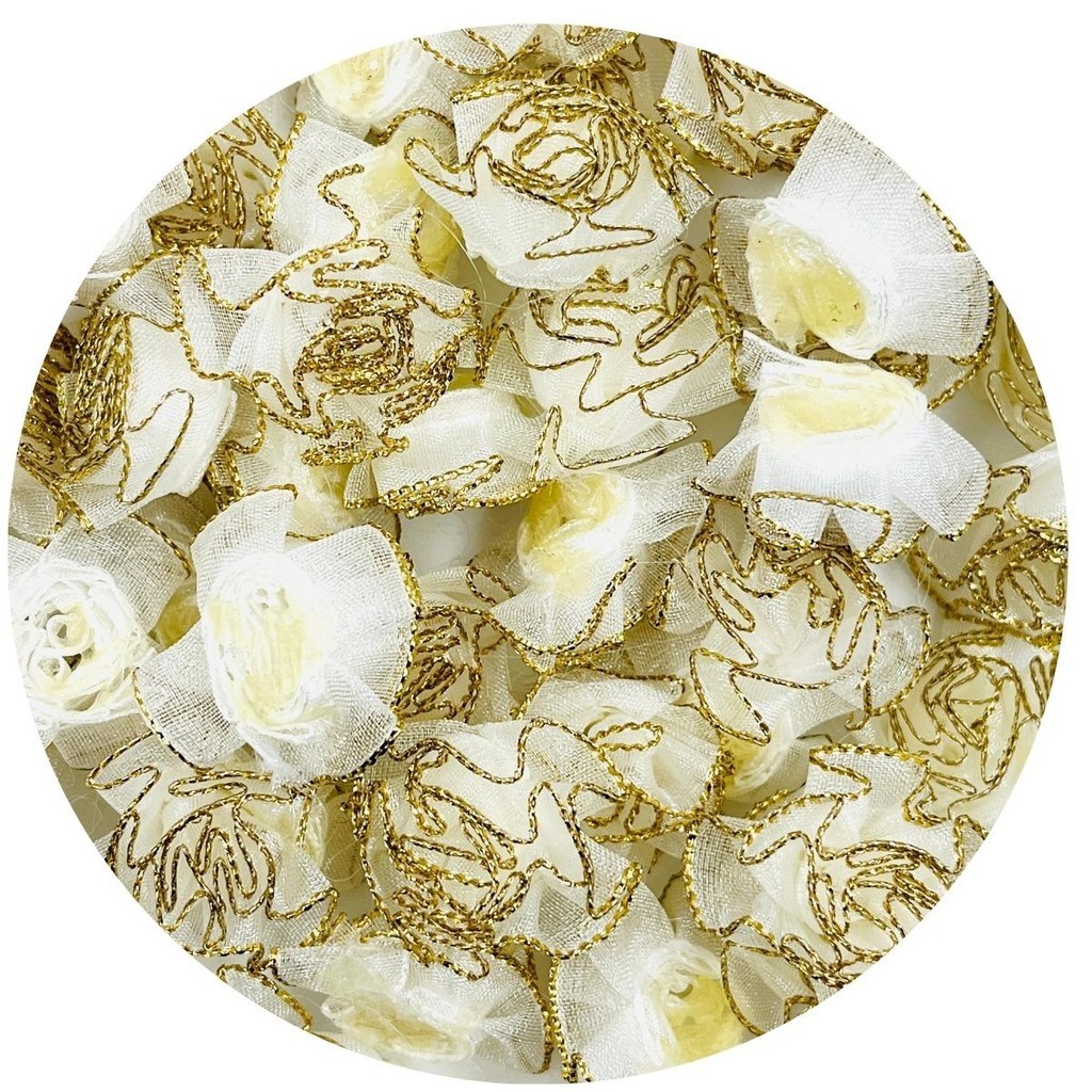 Aplique Patch Tecido Flor Branco com Dourado 25mm 30pçs 15g