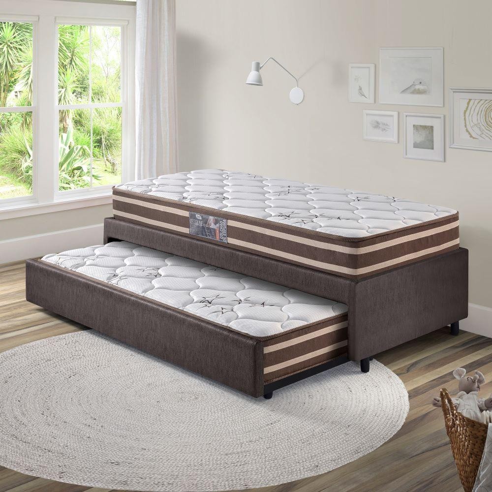 Bicama Box Solteiro Courino Linho Marrom 88x188 Com Dois Colchões Ortoline New Dupla Face Espuma D28 Anjos