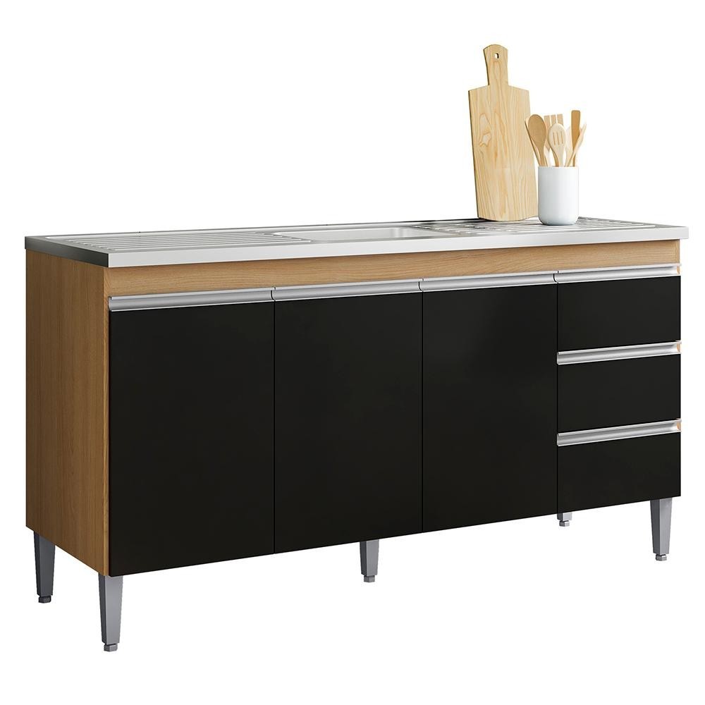 Balcão de Cozinha Com Pia Inox 150cm 3 Gavetas Andréia Amêndoa/Preto - AJL Móveis em Oferta na Shopee