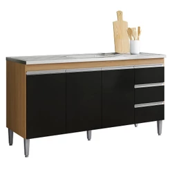 Balcão de Cozinha Com Pia Inox 150cm 3 Gavetas Andréia Amêndoa/Preto - AJL Móveis