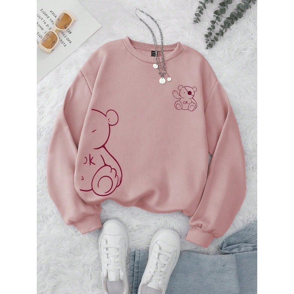 Moletom Urso Gráfico GOLA REDONDA FEMININO de Cartoon Revestido em Oferta na Shopee