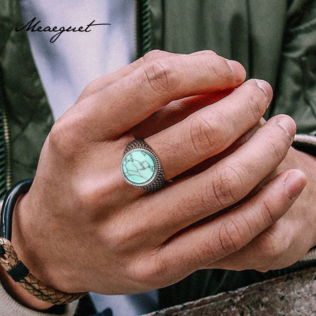 Meaeguet Vintage Turquoise Stone Rings for Men , Anel De Pedra Turquesa Para Homens Gema Punk Signet Biker Band