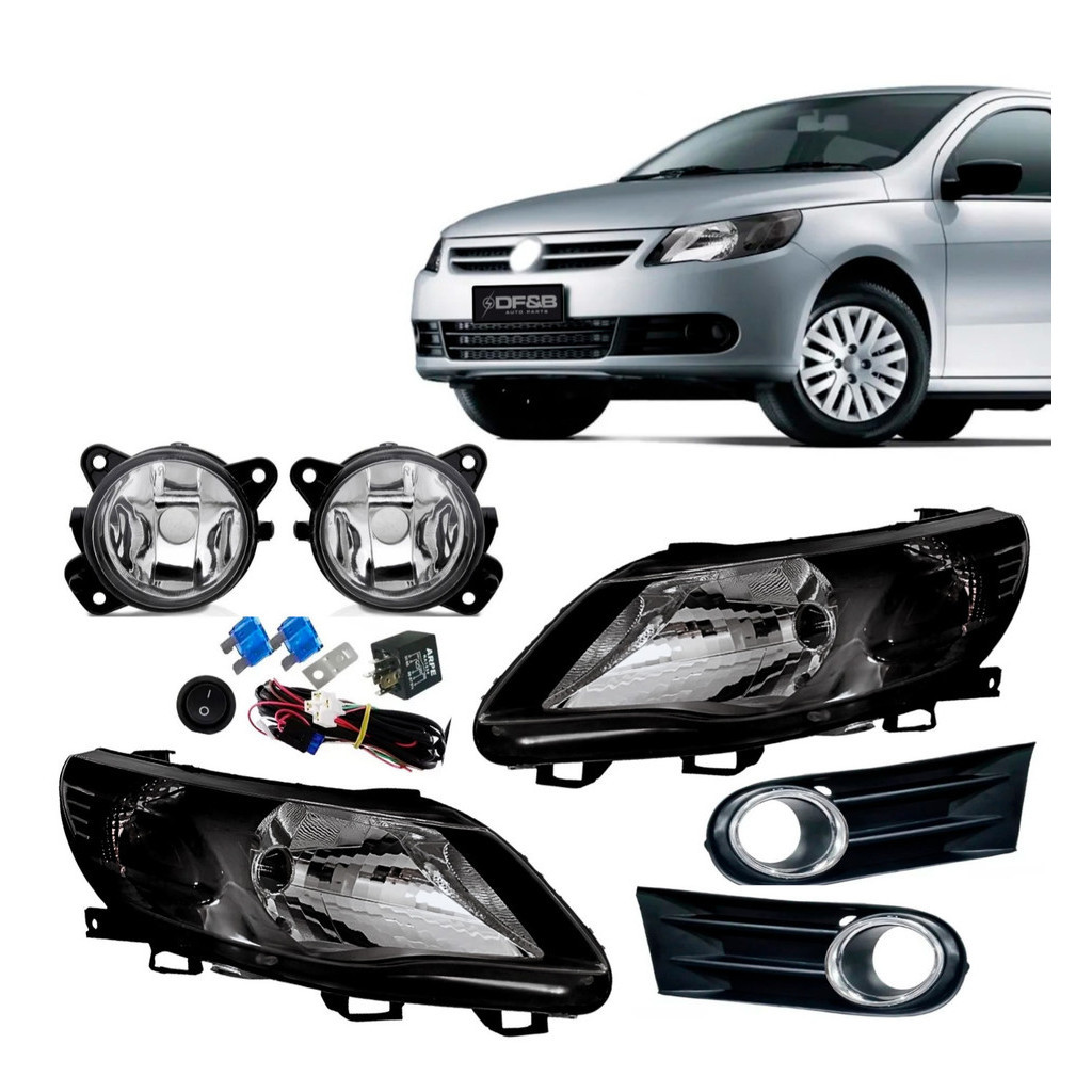 Kit Farol Gol G5 Simples Negro + Par Milha + Grade + Chicote