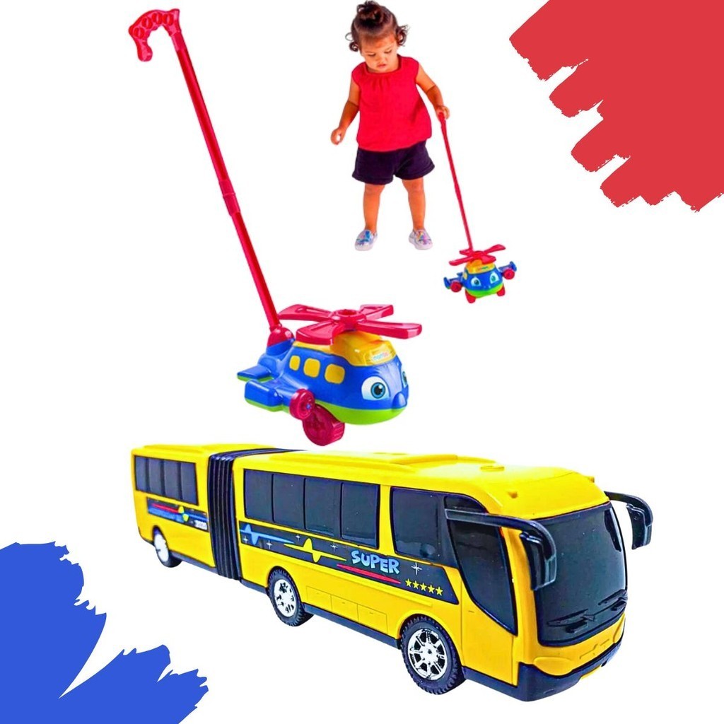 Kit Brinquedo Helicóptero Avião De Empurrar Push Plane Ônibus Sanfonado Articulado Divertido