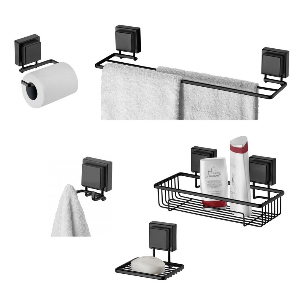 Kit Banheiro Lavabo Preto Fosco Ventosa 05 Peças Suporte Porta Papel Roupa Toalha