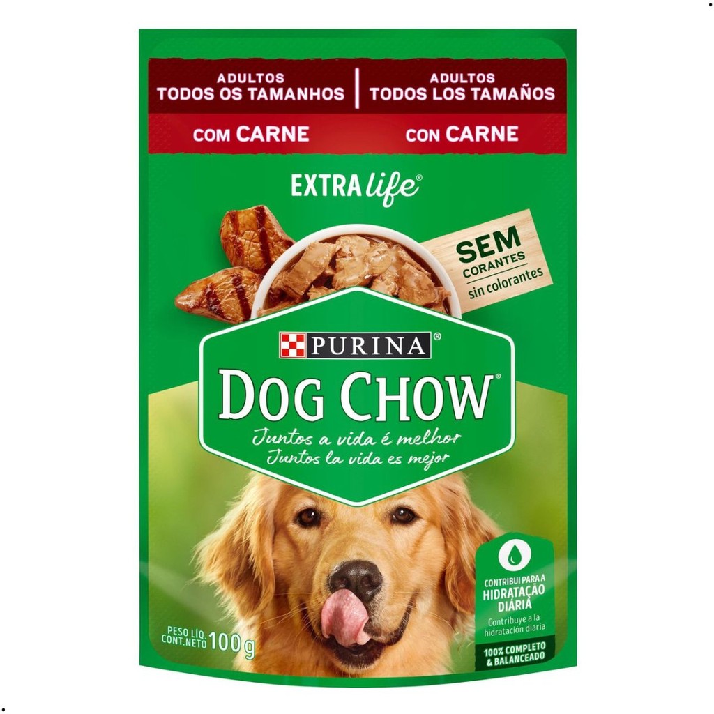 Alimento Úmido Dog Chow Adulto Todos Tamanhos Carne Cx 15 Sachês de 100g Ração Cachorro Dog Pet