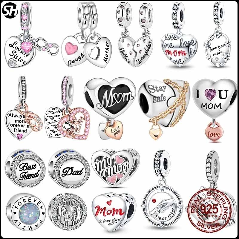 S925 Prata Sterling Coração Em Forma De MOM Charm Beads Família Quente Fit Pandora charms Pulseiras Originais Fine DIY Dia Das Mães Jóias Presentes