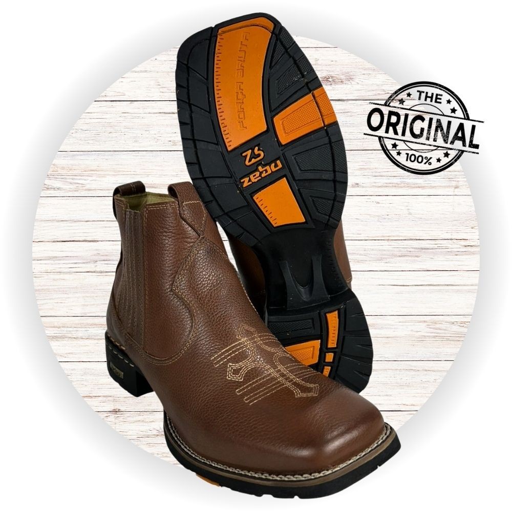 Botina Masculina Zebu Com Bordado Cruz Bico Quadrado Couro Floater Whisky