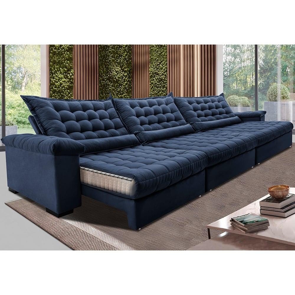 Sofá Retrátil e Reclinável 3,55m Molas Ensacadas Cama inBox Big Space com Bordado 3D Velusoft Azul em Oferta na Shopee