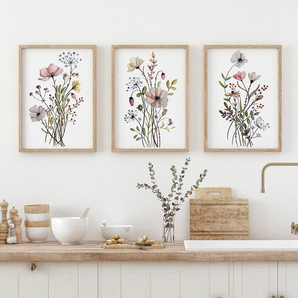 Kit 3 Quadros Decorativo Abstrato Aquarela Flores Folhas Mural De Painel Espesso De 8mm