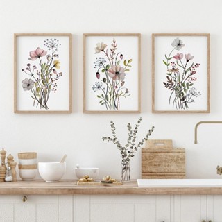 Kit 3 Quadros Decorativo Abstrato Aquarela Flores Folhas Mural De Painel Espesso De