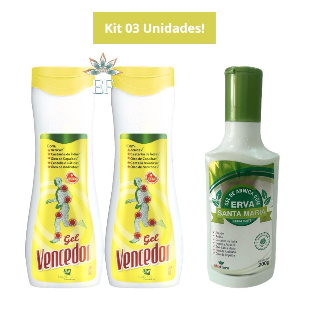 Kit 3 Itens (2 Gel Vencedor 200g Hábito + 1 Gel de Arnica Com Erva Santa Maria 200g Mix Flora)