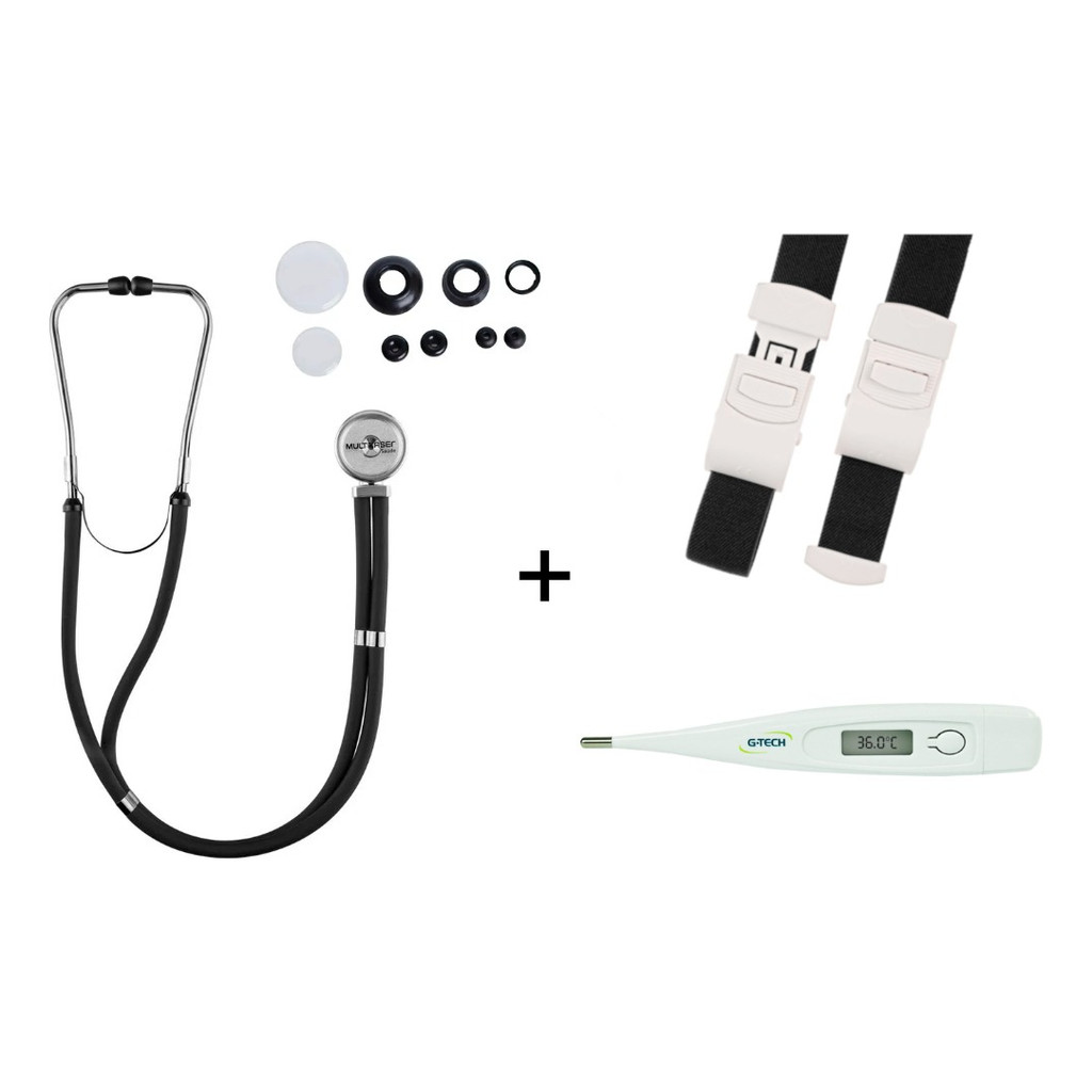 Estetoscópio Rappaport Duplo Adulto E Infantil + Garrote Torniquete De Elastano + Lanterna Clínica Bioland LUZ Branca