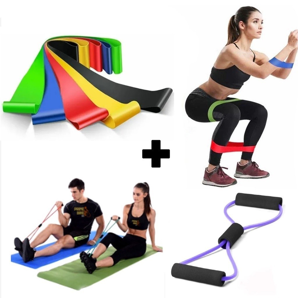 Kit5 Elástico de Treino Mini Band + Elástico Tensão Extensor Exercício Treino Funcional Fi...