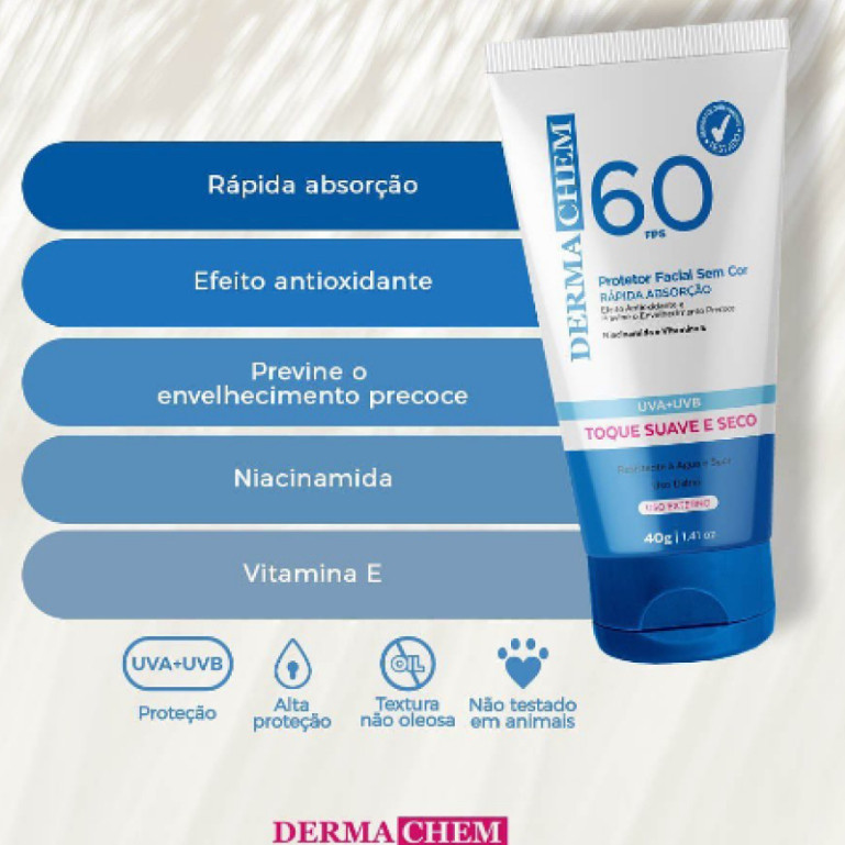 Protetor Solar Rosto FPS 60 sem cor 40g - Dermachem