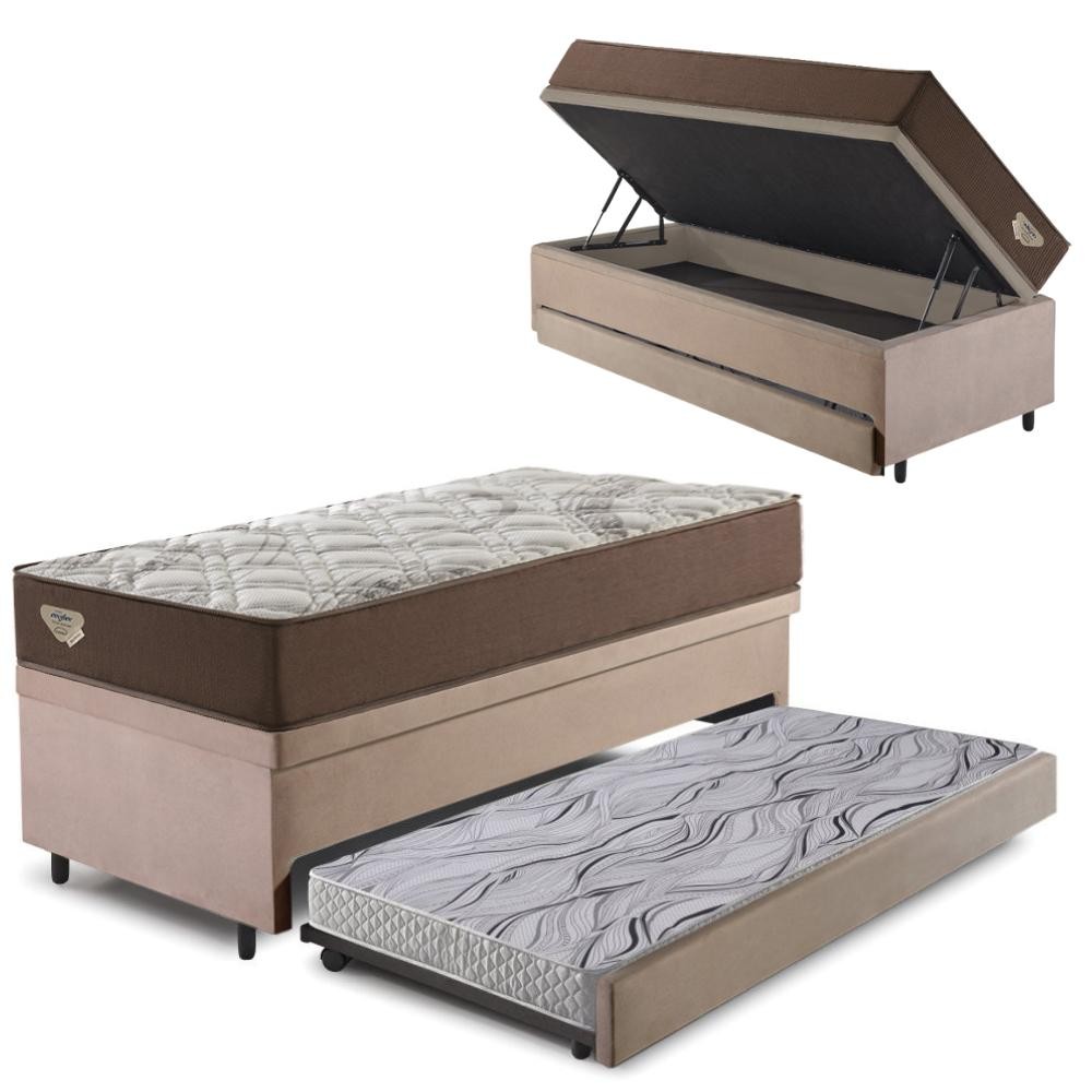 Bicama Box Baú com Suede Bege 120x203 com Colchão Relax Adorabile Molas Ensacadas Ecoflex