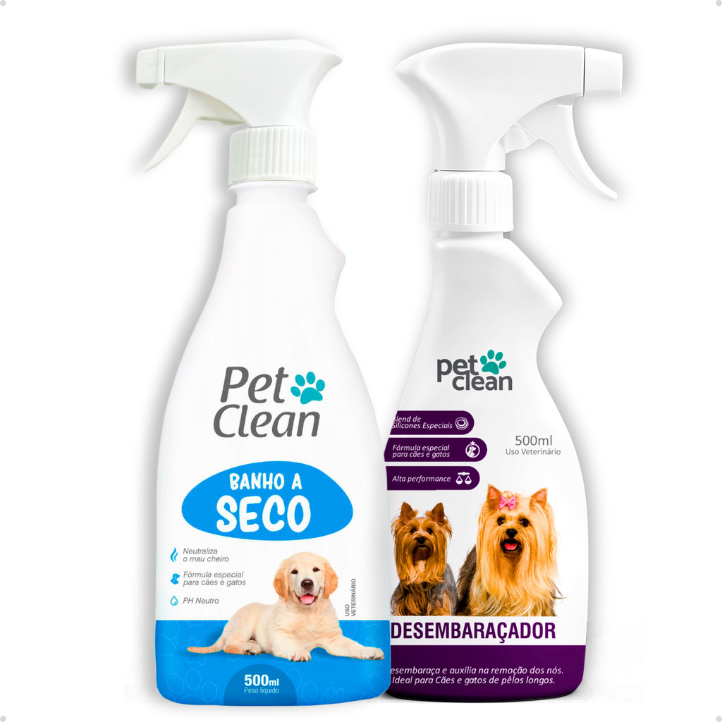 Kit Banho a Seco Sem Enxágue + Desembaraçador de Pelos Cachorro e Gato Pet Clean - Pets