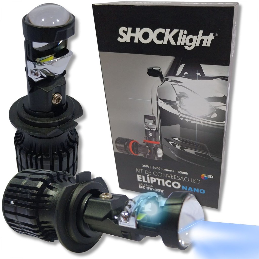 KIT CONVERSÃO ELÍPTICO LED NANO H7 PROJETOR MINI CANHÃO LÂMPADA 5000L 12V 6500K SHOCKLIGHT