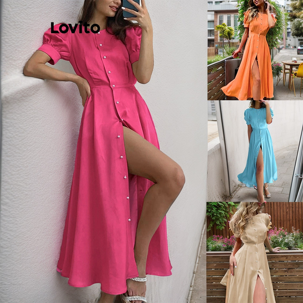 Lovito Casual Vestido Feminino Liso de Manga Bufante com Fenda e Botão Frontal LNE27187 (Cáqui Claro/Rosa Choque)