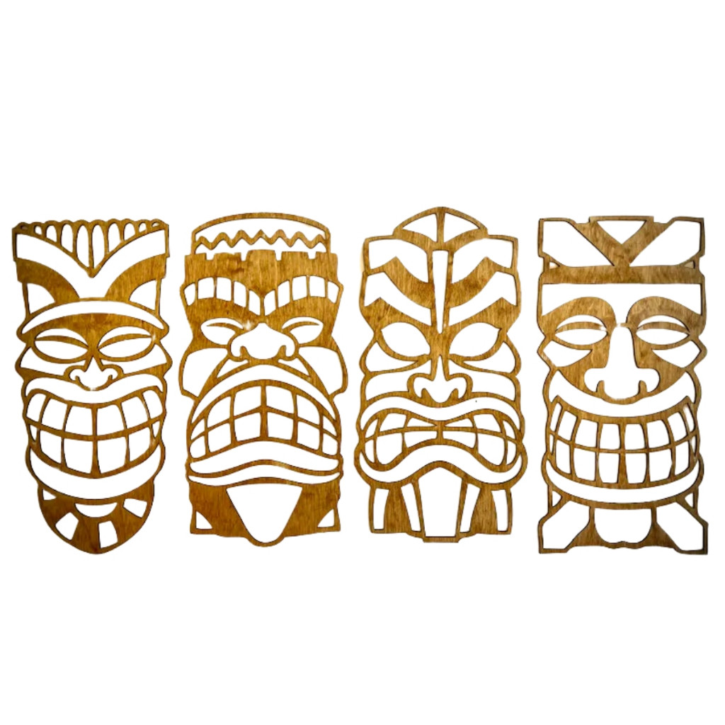 Conjunto de 4 Quadros Máscaras Tribais Cabeça Havaiana Máscara Tiki em MDF 3mm Cru 80cm x 40cm