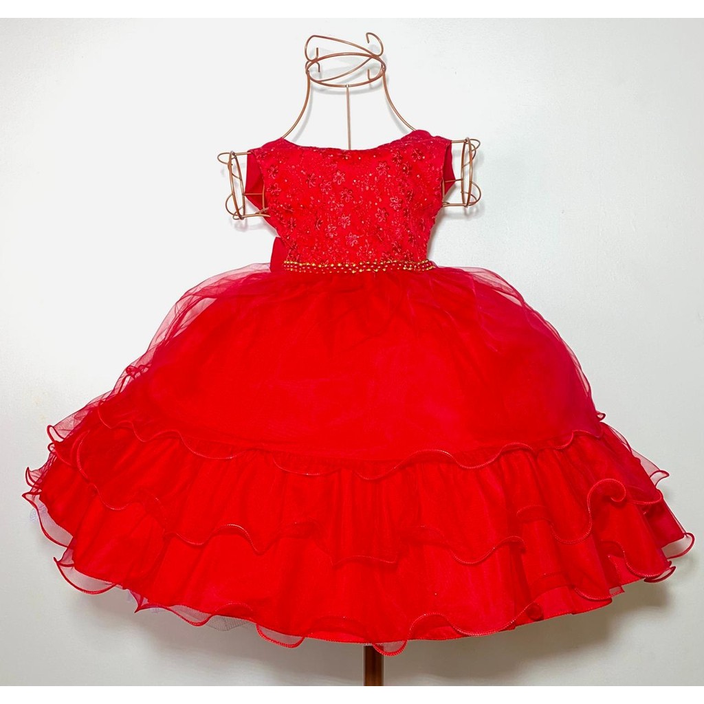 Vestido de Festa Vermelho Infantil com Babado e Brilho D8008