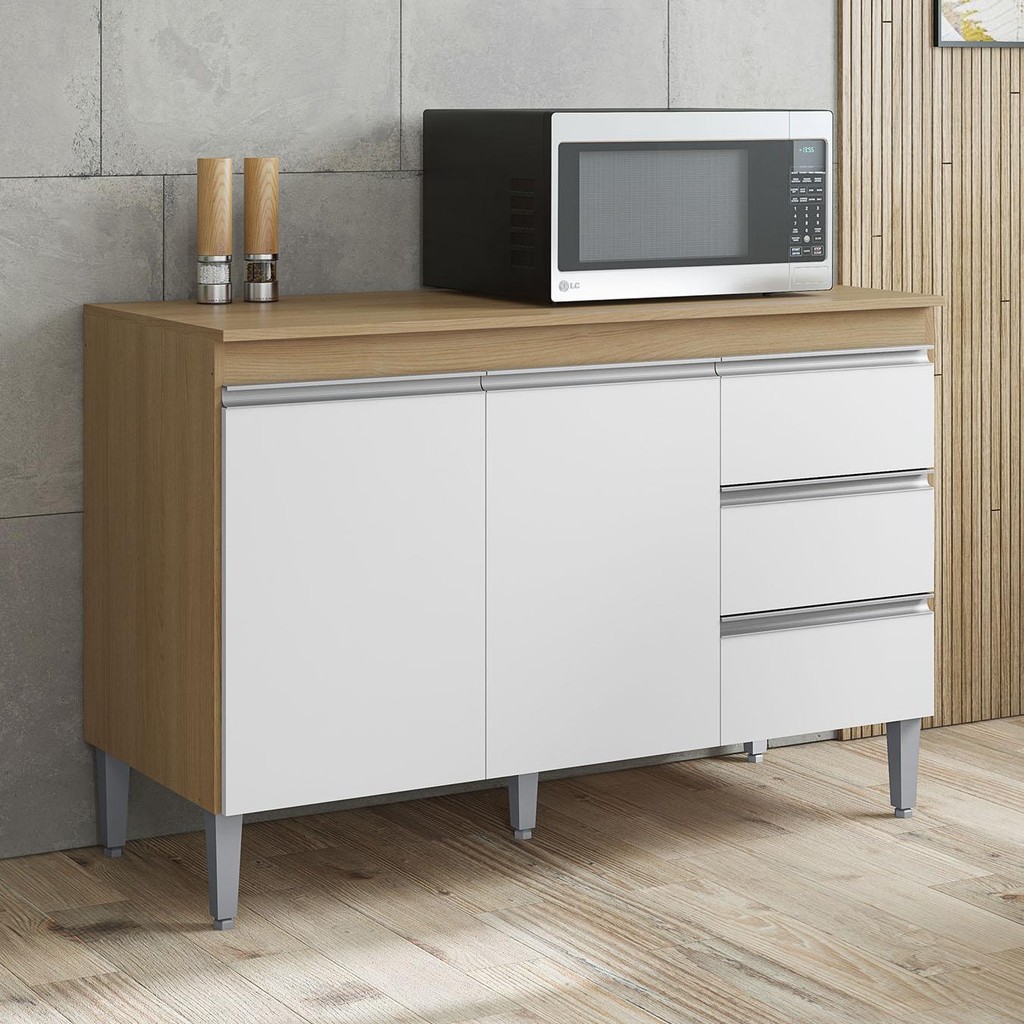 Balcão de Cozinha com Tampo 120cm Andréia Amêndoa/Branco    - AJL Móveis em Oferta na Shopee