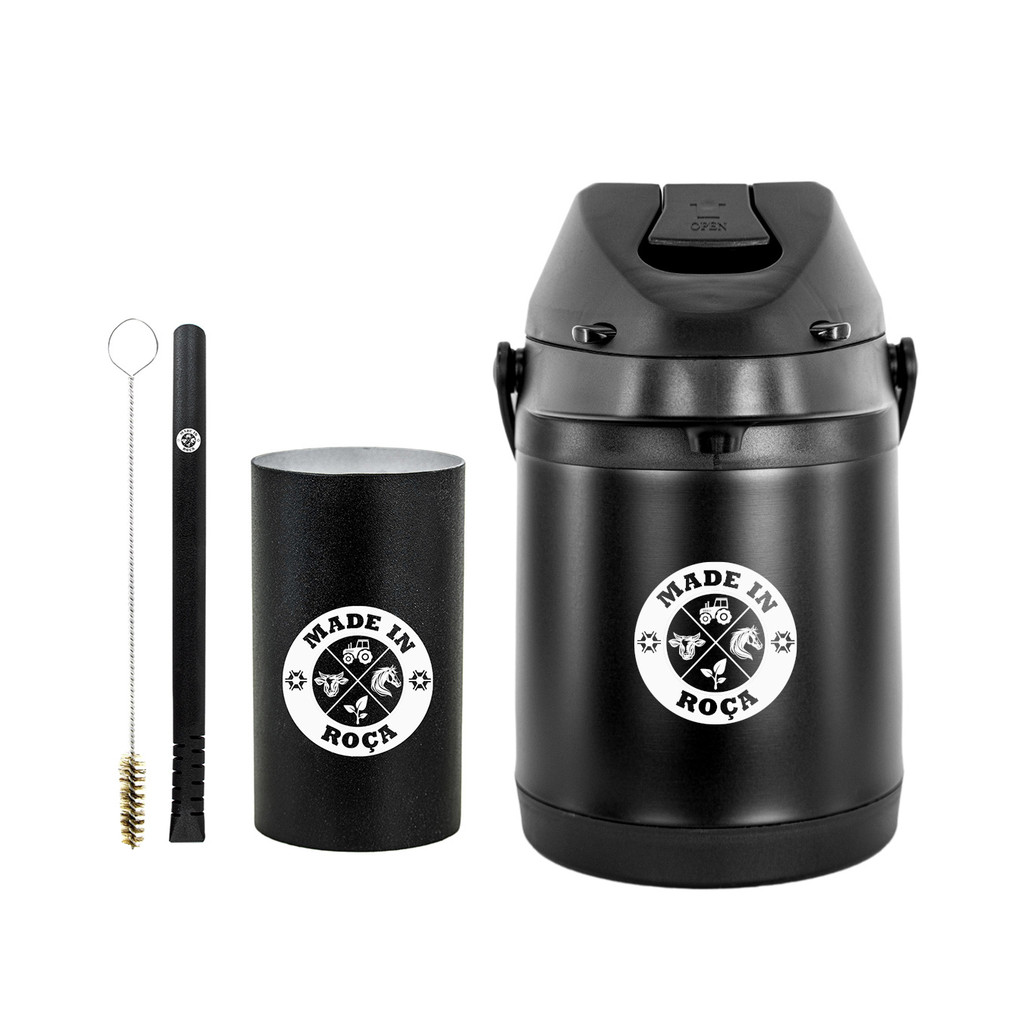 Kit Tereré Garrafa Térmica Preta 2.5l Bomba Preta Filete Preta Copo Redondo Preto