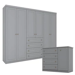 Cômoda E Guarda Roupa Casal 6 Portas Americano Cinza – Henn