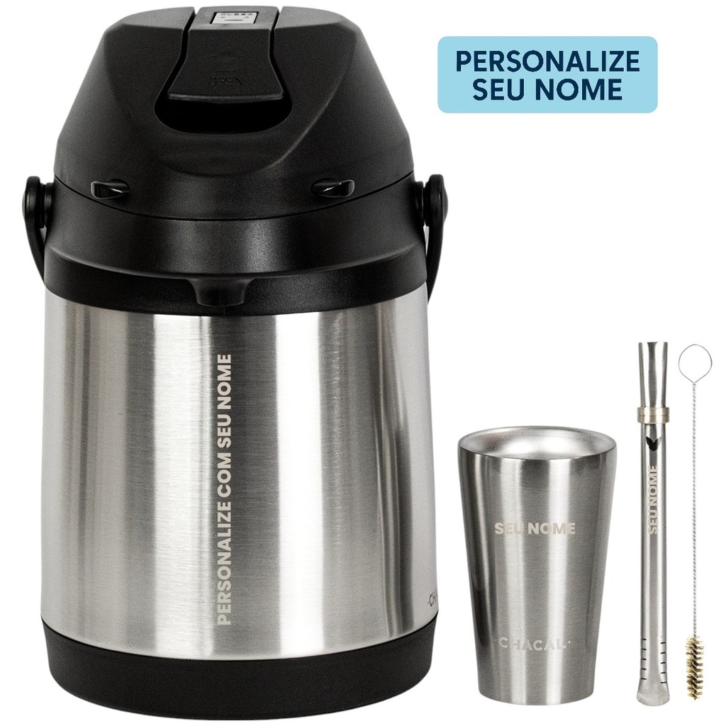 Detalhes do Kit Tereré Chacal Garrafa Térmica 2.5L Copo Bomba - Seu Nome