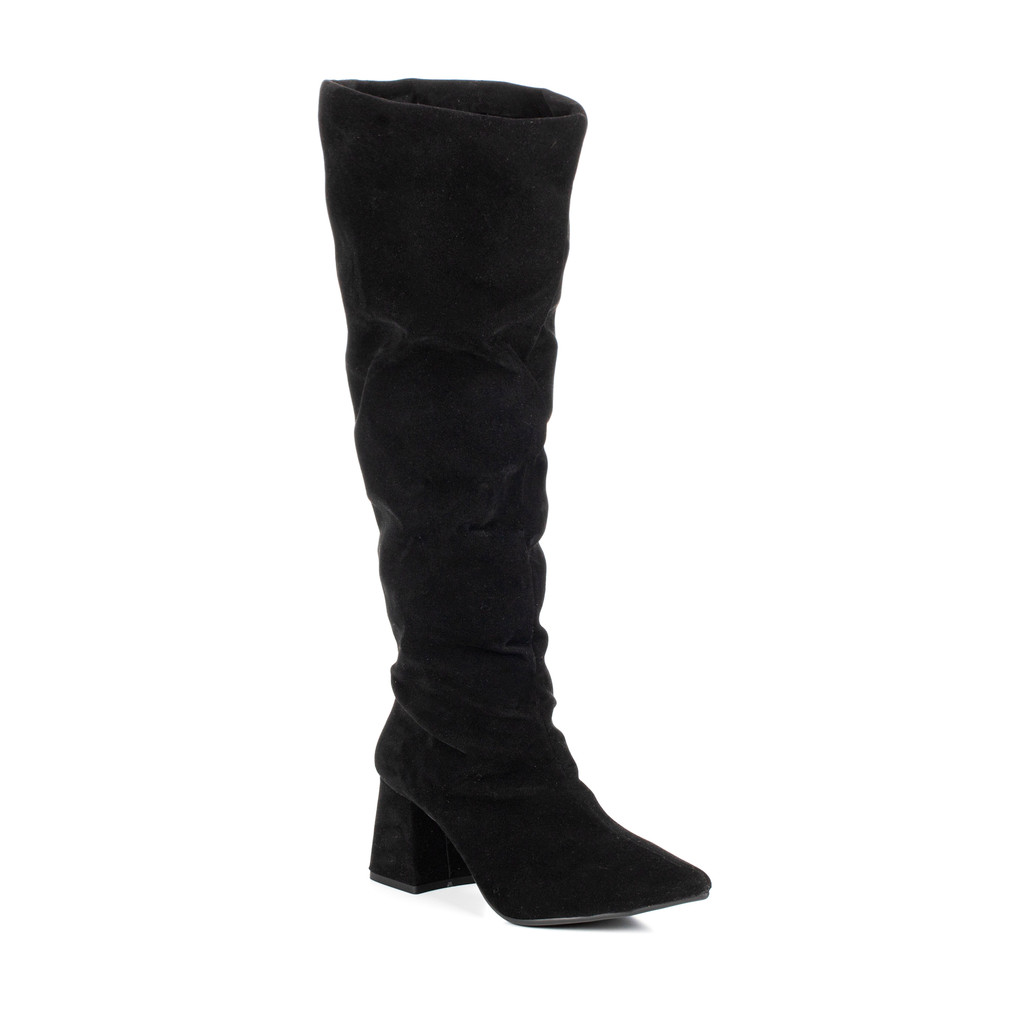 Bota Feminina Montaria Cano Longo Salto Bloco Última Moda Lançamento Bico Fico Enrugada Camurção
