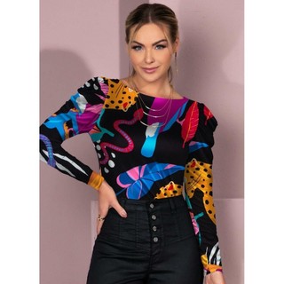 Blusa Mangas Bufantes Animais Fundo Preto Quintess