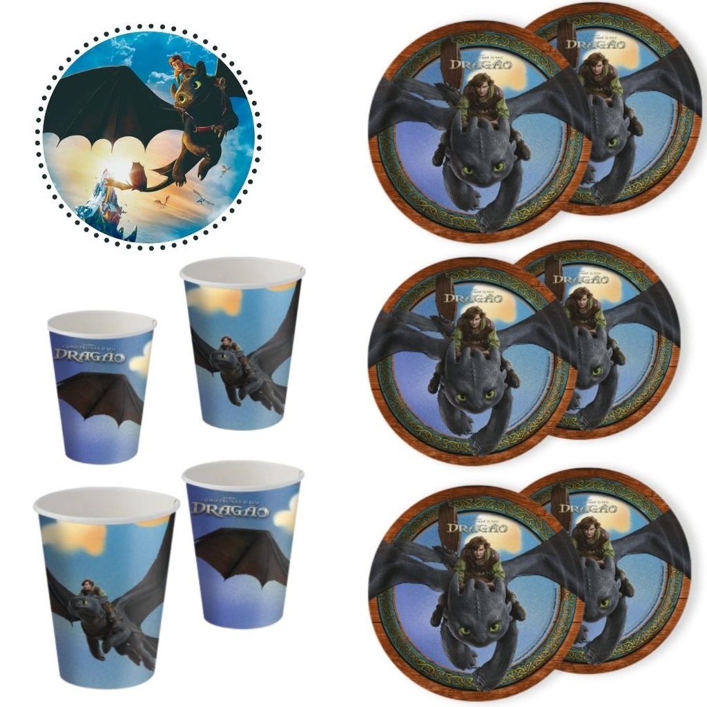 KIT FESTA COMO TREINAR SEU DRAGÃO 8 PRATOS + 8 COPOS DESCARTÁVEL 200 ML PAPEL - FESTCOLOR (CHOCO)