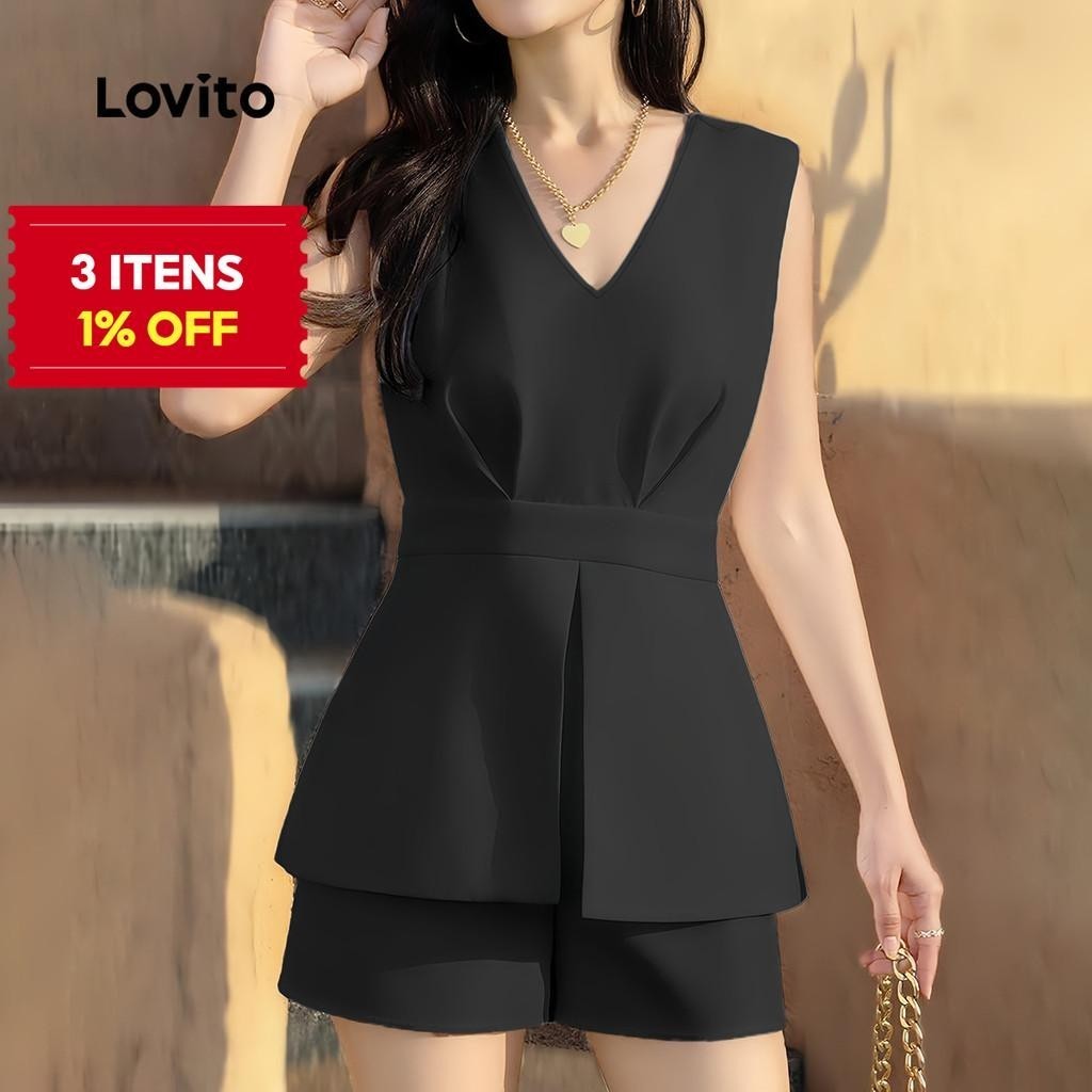 (Trendy) Lovito Macacão elegante de linha de estrutura lisa para mulheres L128ED624 em Oferta na Shopee
